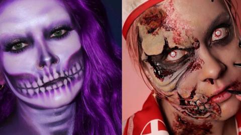 Two images of woman with purple skull face and zombie-style face with blood and wounds