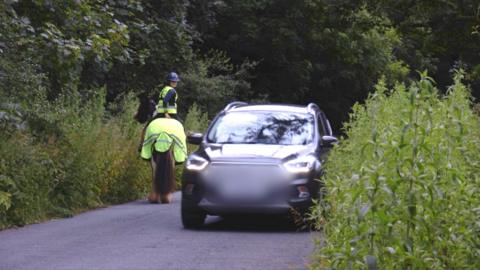 Horse, rider and car near each other on a lane