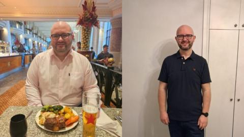 A before and after shot of Chris Giles, who is bald, has black stubble and wears glasses. On the left, he is overweight, sitting in a pub with a roast dinner and pint of lager. One the right, he is much slimmer, wearing a dark polo shirt.
