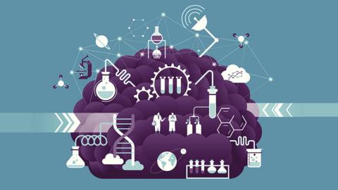 Graphic of a brain and lots of scientific experiments