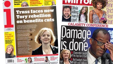 The headline in the i reads 'Truss faces new Tory rebellion on benefits cuts' and the headline in the Daily Mirror reads 'Damage is done'