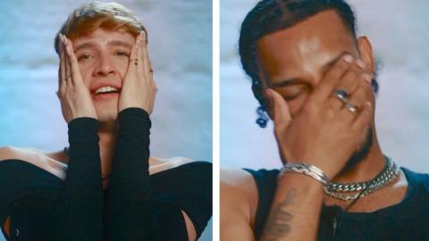 Jack and Callum both have their hands on their face in embarrassment.