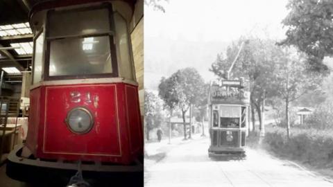 A side by side image of the tram being used and how it looks now. The image on the right is the tram going up Leckhampton Hill. It's got trees on either side and the number 21 blazoned on the it's front. The top deck has advertising boards saying 'drakes'