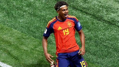 Lamine Yamal of Spain celebrates scoring his team's first goal during the World Cup match against Saudi Arabia