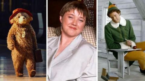 Triple image shows Paddington Bear, actress Pauline Quirke and Will Ferrell in an Elf costume