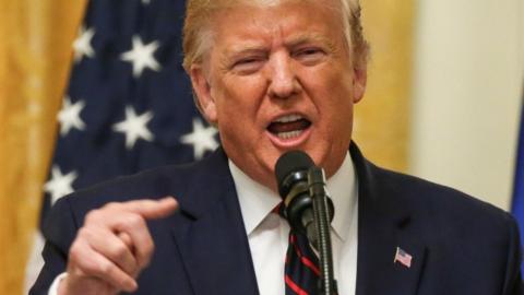 President Donald Trump addresses a joint news conference with Finland"s President Sauli Niinisto in the East Room of the White House