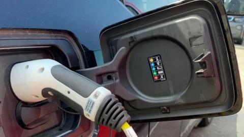 A close up of an electric car being charged. A plug is attached to the side of a blue car.