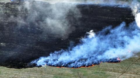 A wildfire in a field. Large areas of the field are burned out, while some areas are still on fire with smoke coming off it.