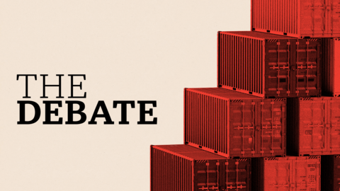 A designed image with red shipping containers and the words 'The Debate' 