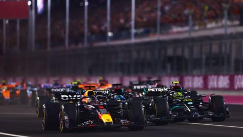 Max Verstappen leads the Mercedes of George Russell and Lewis Hamilton at the start of the 2023 Qatar Grand Prix