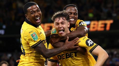 Jorgen Strand Larsen celebrates scoring in the Carabao Cup. 
