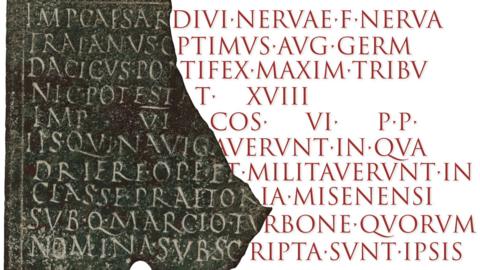 This is an image of a rectagular bronze inscription which has been broken in half. The text on the right hand side is missing but has been shown as restored by AI with its predicted text
