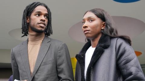 Athletes Bianca Williams and Ricardo Dos Santos speak to the media in October 2023 outside Palestra House, central London, after the judgement was given for the gross misconduct hearing of five Metropolitan Police officers over their stop and search.