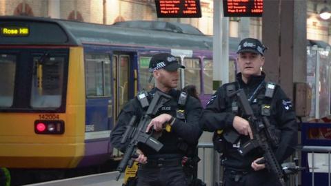 British Transport Police armed counter-terrorism officers at Manchester's Piccadilly station