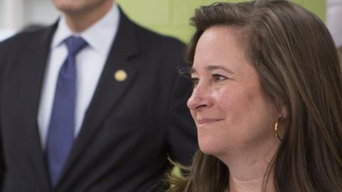 Republican David Yancey and Democrat Shelly Simonds attend a "take your legislator to school day" at Heritage High School in Newport News, Virginia, 28 November 2017