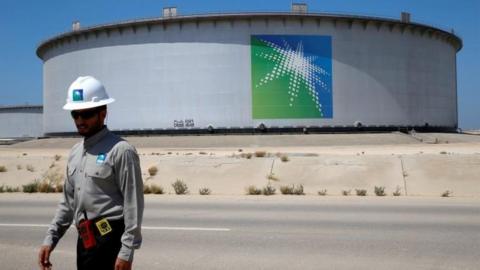 Saudi Aramco worker at an oil terminal