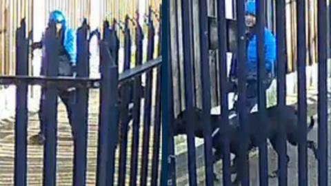 Supplied CCTV images of a man in a blue coat walking a large black dog