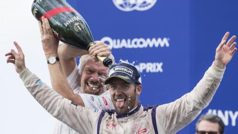 richard Branson ad sam bird celebrate winning in Formula E