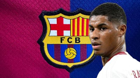Marcus Rashford and Barcelona badge.