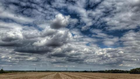 Storm clouds building above a parched field 
