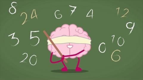 Illustration of a brain with arms and legs wearing a blindfold and holding a stick, surrrounded by numbers