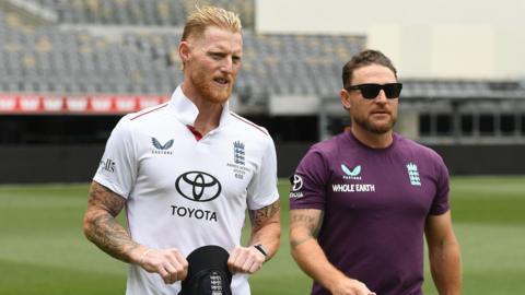 England captain Ben Stokes and coach Brendon McCullum before the first Ashes Test in Perth