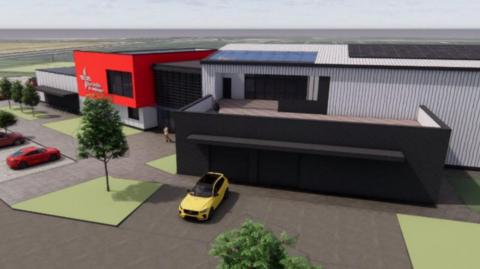 Artist's impression of the new East Anglian Air Ambulance airbase. It is a series of warehouse looking buildings. In front is parking and some cars, with a some grass and four trees. Beyond it it flat arable countryside. 