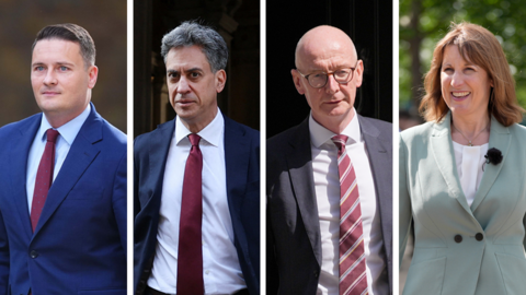 Wes Streeting, Ed Miliband, Pat McFadden and Rachel Reeves all wearing suits and looking serious