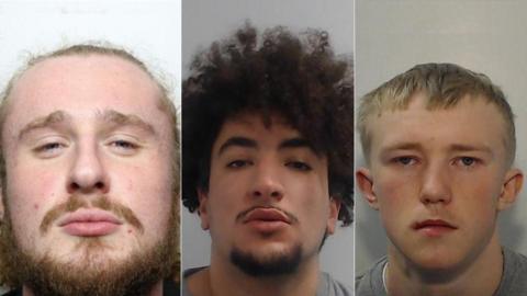 A composite of three mugshots of the defendants. Harry Jackson is wearing a dark-coloured top and has a reddish-brown beard and moustache. Callum Henson has dark brown hair and a goatee beard and is wearing a grey top, while Bailey Mann has short blond hair and is wearing a grey top.