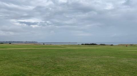 The Leas on the Coast Road at South Shields. There is grass in the foreground and sea in the background with stormy skies above.