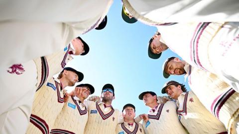 Craig Overton leads Somerset's pre-match huddle ahead of day three of their County Championship match against Hampshire