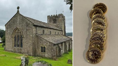 St Wilfrid's Church in Melling and Sparkly set of nine gold coins with Queen Elizabeth II's head on it.