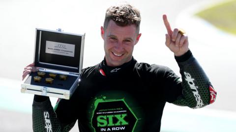 Jonathan Rea celebrating his sixth title in a row