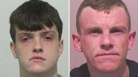 A mugshot of Riley Adey, who has brown hair,  and Reece Greenwood, an older man with light cropped hair.