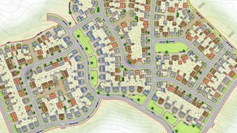 An illustrated and in-colour drawing of a housing estate map, showing roads, homes, green areas, and a number of buildings. 