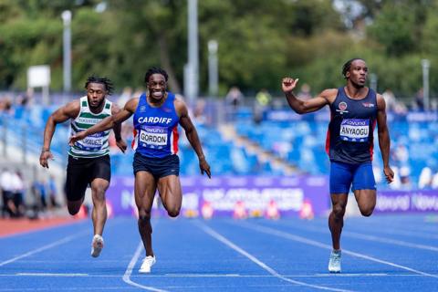  Benedict Chukwueze of Woodford Green & Essex Ladies A, Samuel Gordon of Cardiff AC and Sean Anyaogu of Be Fit Today Track Academy compete in the Men's 100m Heats during the 2025 UK Athletics Championships at Alexander Stadium on August 2, 2025 in Birmingham, England.
