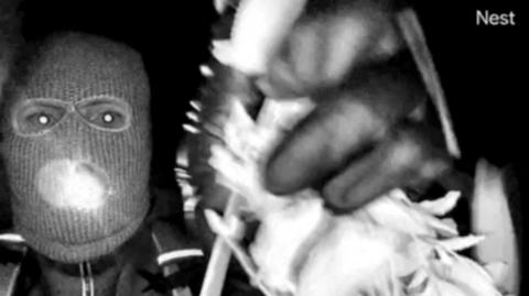 An image of the suspect in the kidnapping of Nancy Guthrie - a person is seen close up in black and white, wearing a balaclava and holding an obscured item in their left hand, which we can see has a black glove covering it 