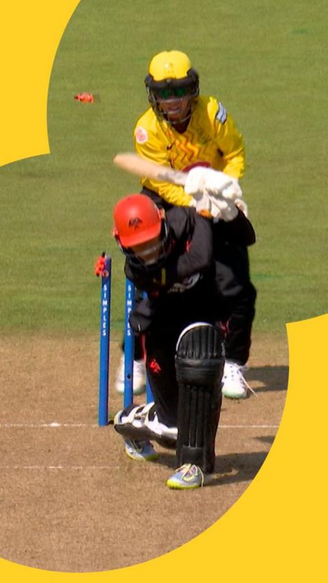 Davina Perrin misses the ball and has her wickets knocked