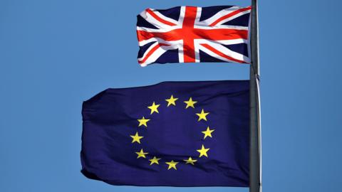 The Union Jack flag and the EU flag fly side by side on flagpole. 