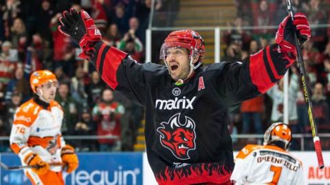 Cardiff Devils' Joey Martin celebrates after scoring against Sheffield Steelers