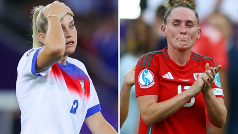 A split graphic of England's Alessia Russo and Wales' Rachel Rowe looking dejected after their opening-game defeats at Euro 2025