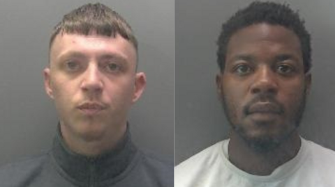The mug shots of two men. Neither of them are smiling at the camera 