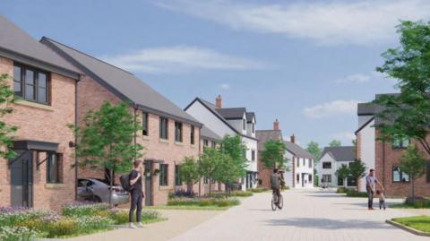 An artist's impression of some new homes at a site near Wisbech. There are houses in various styles and people walking a cycling in the road area which is surrounded by trees and planted beds