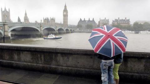 Two people looking at Big Ben and London Bridge in the rain