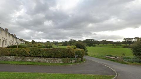 A general view of the land where the homes would be built. To the left is a row of white terraced houses with long front gardens stretching into the distance. A single lane road runs between them and grassy fields with clumps of mature trees dotted about the entire space.