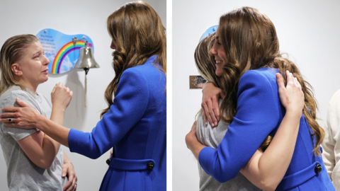 A split screen of the Princess of Wales hugging a cancer surviver in hospital. In the first picture we see the female patient's face and bell in background and the side of kate's face and in the second we see kate hugging the cancer survivor and smiling