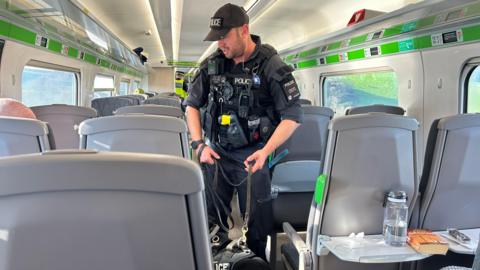 A police officer and a black sniffer dog on a train checking passengers fro drugs