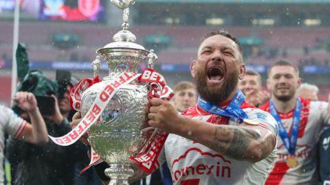 Jared Waerea-Hargreaves celebrates Hull KR's Challenge Cup final win with the trophy