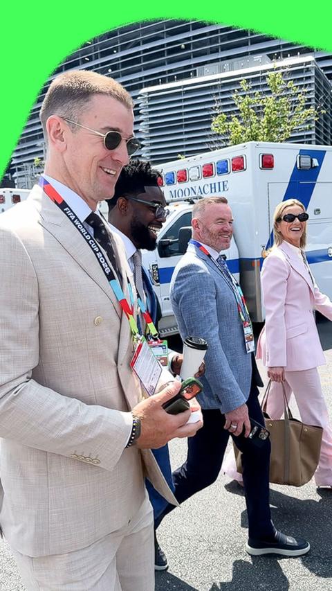 Gabby Logan, Joe Hart, Micah Richards and Wayne Rooney walking