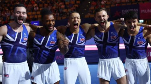 GB celebrate winning the gymnastics men's team final at the 2022 European Championships